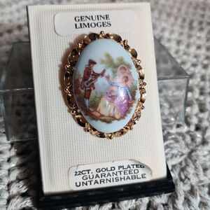 Vintage Limoges 22ct Gold-plated Handpainted Porcelain Brooch Pin